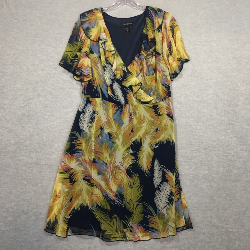 Ashley Stewart 12W Wrap Dress Chiffon Blue Yellow Flutter Sleeve Colorful Ruffle